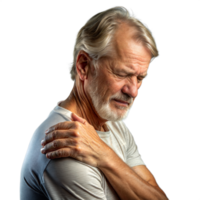 personnes âgées homme expérience épaule douleur dans blanc T-shirt avec transparent Contexte png