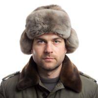 Man Wearing Fur Hat Posing Against Transparent Background png