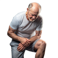 Elderly Man in White Shirt Experiences Knee Pain on Transparent Background png