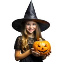 Young Girl Dressed As A Witch Holding A Carved Pumpkin For Halloween png