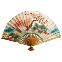 Traditional Chinese Hand Fan With Floral and Landscape Design png