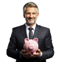 sonriente empresario participación rosado cerdito banco ahorros png
