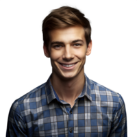 Young Man in Blue Plaid Shirt Smiling Against Transparent Background png