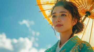 Woman in Kimono Holding Umbrella photo