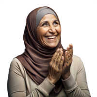 personnes âgées femme dans hijab souriant et applaudir mains isolé sur transparent Contexte png