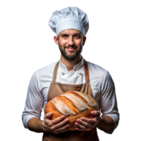 Happy Baker Holding Freshly Baked Bread in Commercial Kitchen png