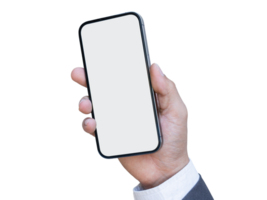 Male hand holding smartphone with blank screen isolated on transparent background. File png