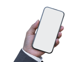 Male hand holding smartphone with blank screen isolated on transparent background. File png