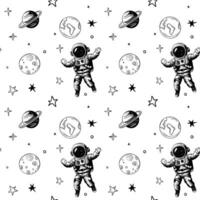 Monochrome seamless pattern with cosmonaut and planets. Space background. Space elements. vector