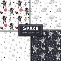 Set of monochrome space patterns. Seamless pattern with planets astronaut and stars. Space backgrounds. vector