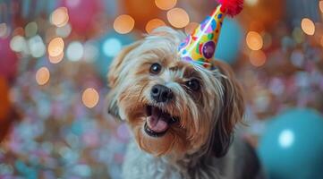 Dog Wearing Party Hat With Balloons photo