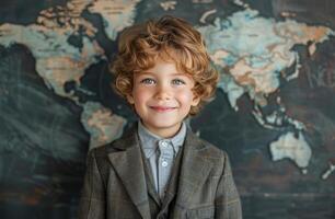 Young Boy in Suit and Tie Standing in Front of World Map photo