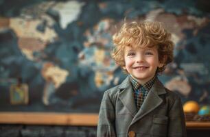 Young Boy in Suit and Tie Standing in Front of World Map photo