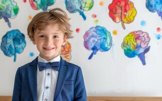 joven chico en azul traje y arco Corbata foto