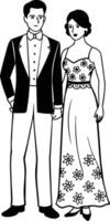 A couple attending a high-society event in elegant white attire white floral design. vector