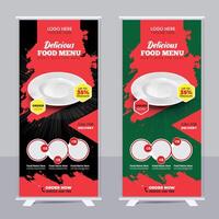 Food menu and restaurant Modern food roll up banner template design with abstract background, logo and social media icon. Pizza, burger, healthy food sale web banner, rack card or flyer vector