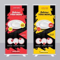 Food menu and restaurant Modern food roll up banner template design with abstract background, logo and social media icon. Pizza, burger, healthy food sale web banner, rack card or flyer vector