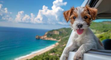 Brown and White Dog Sticking Head Out of Car Window photo