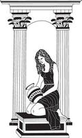 Hand drawn vintage cartoon illustration of a woman in lines Greek columns. Doric. Ionic. Corinthian columns Black and white graphics Woman with ancient vase vector