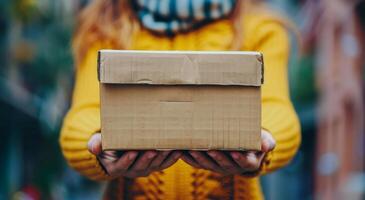 Woman Holding Cardboard Box photo