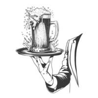 bartender with beer mug on serving tray. Engraving imitation. Black and white Ink sketch isolated on background. vector