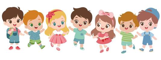 Set of cute babies kids characters in different various poses. Children having fun in fine mood. collection with children vector