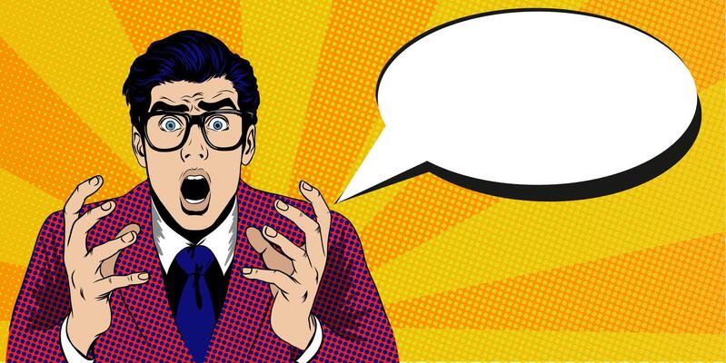 Shocked young man with wide open eyes and open mouth. surprised Businessman in suit with speech bubble. illustration in retro pop art comic style. Template banner with Copy space for text.