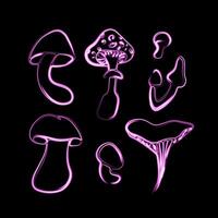 Set of various mushrooms with neon effect. vector