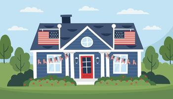 Independence and Memorial day concept. Flag day concept. House decorated with flags of USA. Flat hand drawn illustration. vector