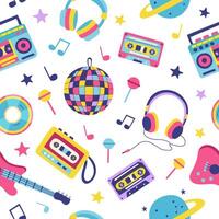 90s retro elements set seamless pattern on white surface. Concept of 90s. Stickers. Y2K, 2000s, 80s. Retro music background. vector