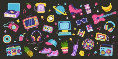 90s retro elements set on black background. Concept of 90s. Stickers. Y2K, 2000s, 80s retro elements set. vector