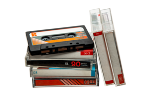 Close-up of many audio tapes. Analog storage medium. Cassettes for audio recordings and music. png