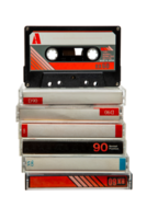 Close-up of many audio tapes. Analog storage medium. Cassettes for audio recordings and music. png