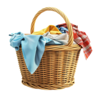 A Basket with cloths on it on a transparent background png