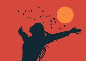 mujer con puesta de sol y pájaro volador vector