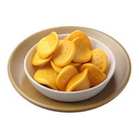 Crispy Yellow Chips in a White Bowl on a Tan Saucer png