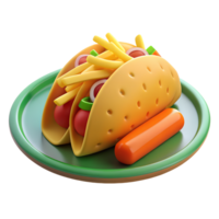 Tacos with french fries and a sausage on a plate. 3D fast food icon png