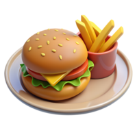 3d hacer de un clásico hamburguesa con queso y francés papas fritas en un plato png