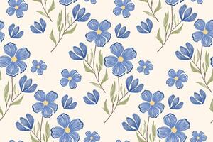Vintage Floral pattern seamless blue flower motifs border background frame embroidery. Ethnic Ikat pattern paisley design. Ditsy illustration hand drawn. vector
