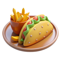 Tacos and fries on a plate. 3D fast food icon png