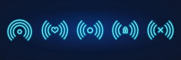 wifi signal set, wave communication, neon glow, heart and lock icons vector