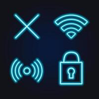 wifi signal, blue neon glow icon, cross, and lock. vector