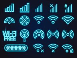 big set of wifi signal, cell phone sigal, neon glow icons vector