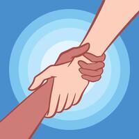 Hands holding, supporting, and helping each other illustration isolated on square blue background. Simple flat humanity themed drawing. vector