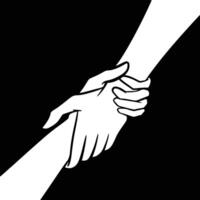 Hands holding hands and helping each other illustration isolated on square black background. Simple monochrome flat humanity themed drawing. vector