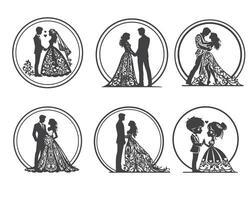 Elegant Wedding Couple Silhouettes in Ornate Attire vector