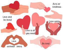 Set of hands holding heart and lettering quotes isolated on white background. Red heart in human hands. Colored flat graphic illustration. vector