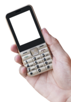 Hand holding golden mobile phone with white display png