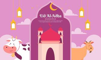 Happy Holy Eid Al Adha Mubarak Cute Banner Cartoon Doodle Illustration vector