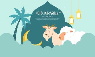 Happy Holy Eid Al Adha Mubarak Cute Banner Cartoon Doodle Illustration vector